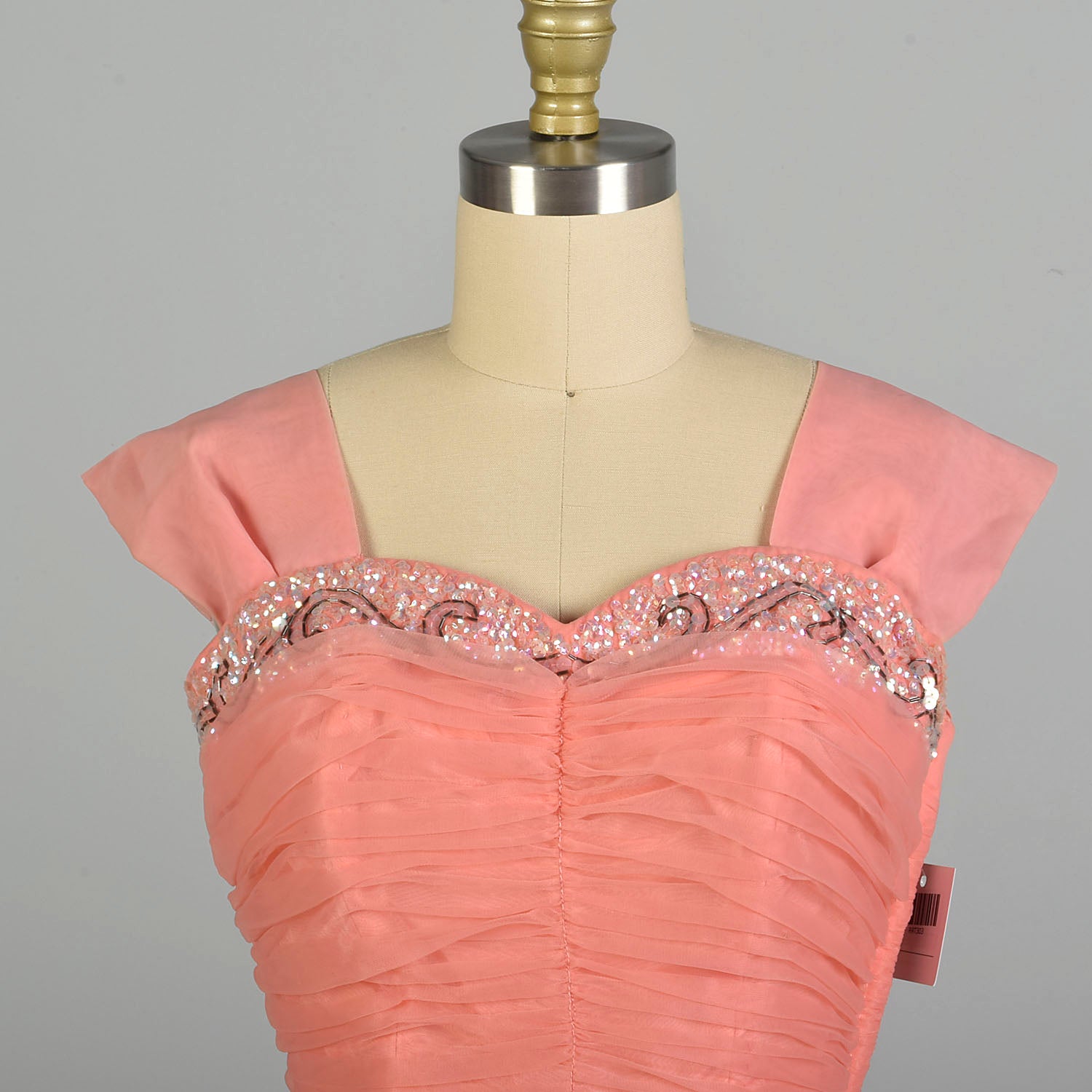 Small 1950s Pink Coral Prom Dress Bead Embellished Ruched Chiffon Bodice