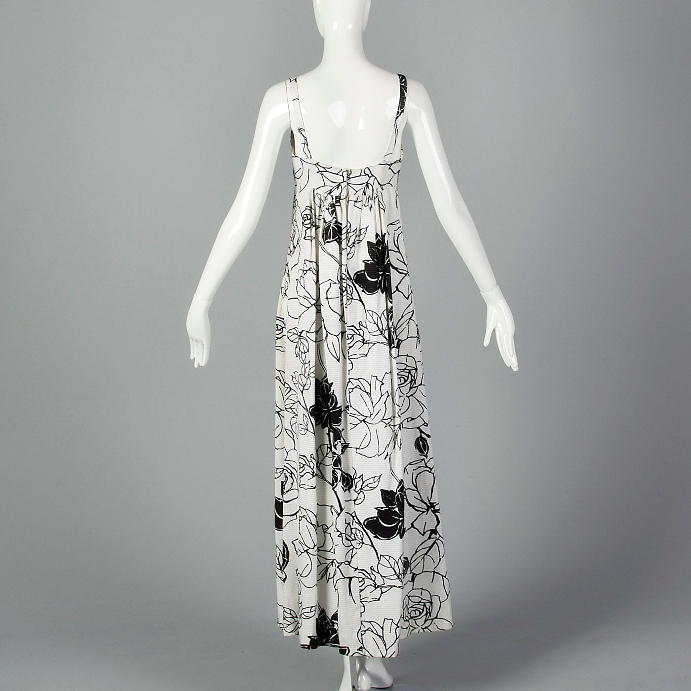 XS 1960s Black White Floral Maxi Dress