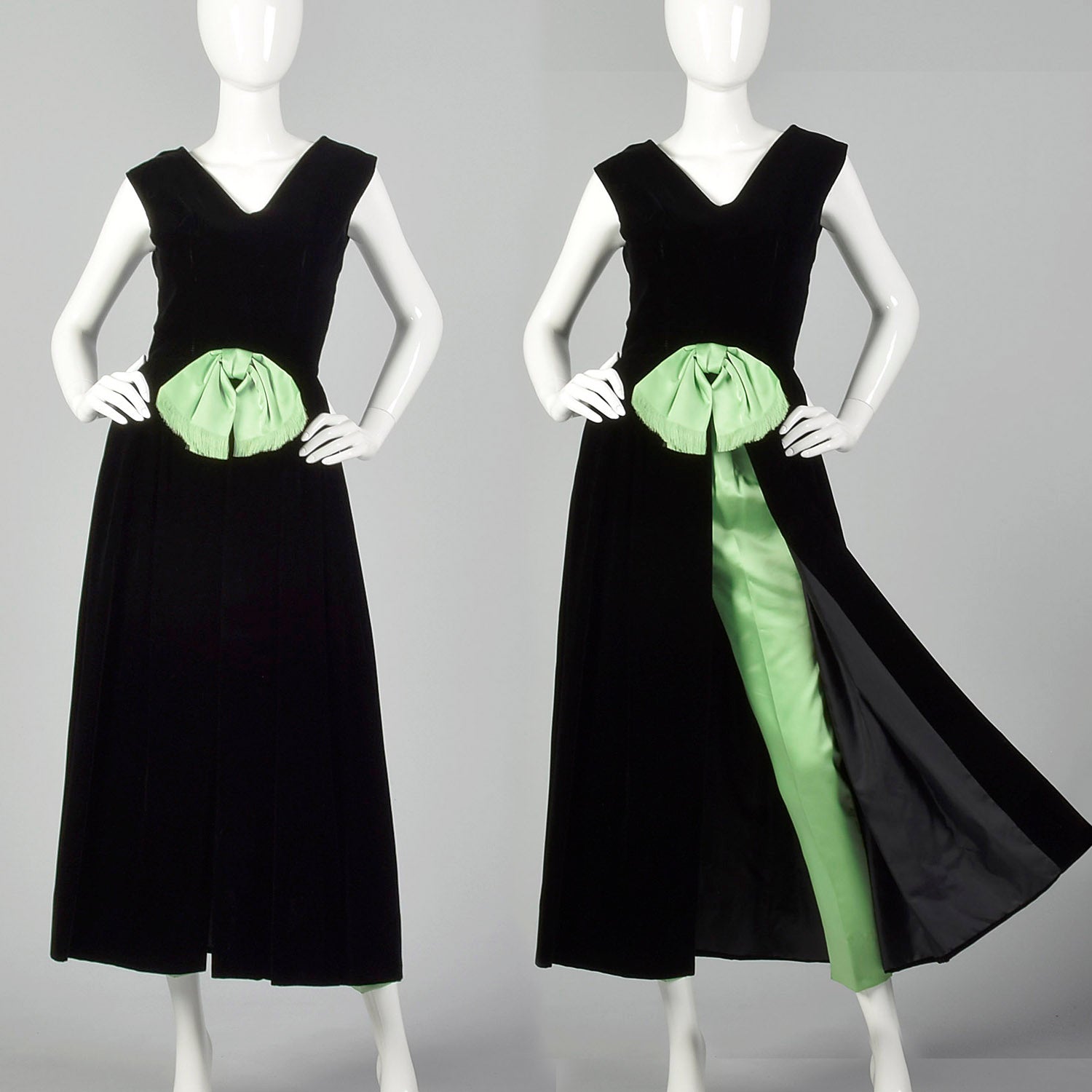 XS 1960s Black and Green Dress and Pants Hostess Set