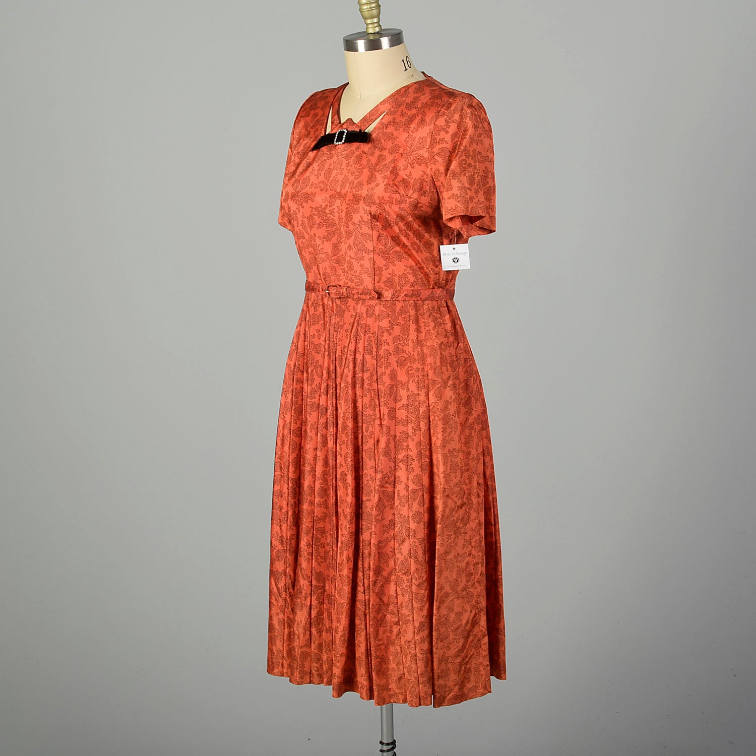 XXL 1950s Dress Short Sleeve Volup Orange Cocktail Autumn Black Floral Lace Print