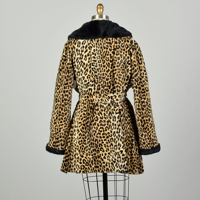 Medium 1960s Faux Fur Coat Animal Print Vegan Leopard Outerwear