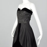 1950s Black Taffeta Evening Dress with Velvet Trim