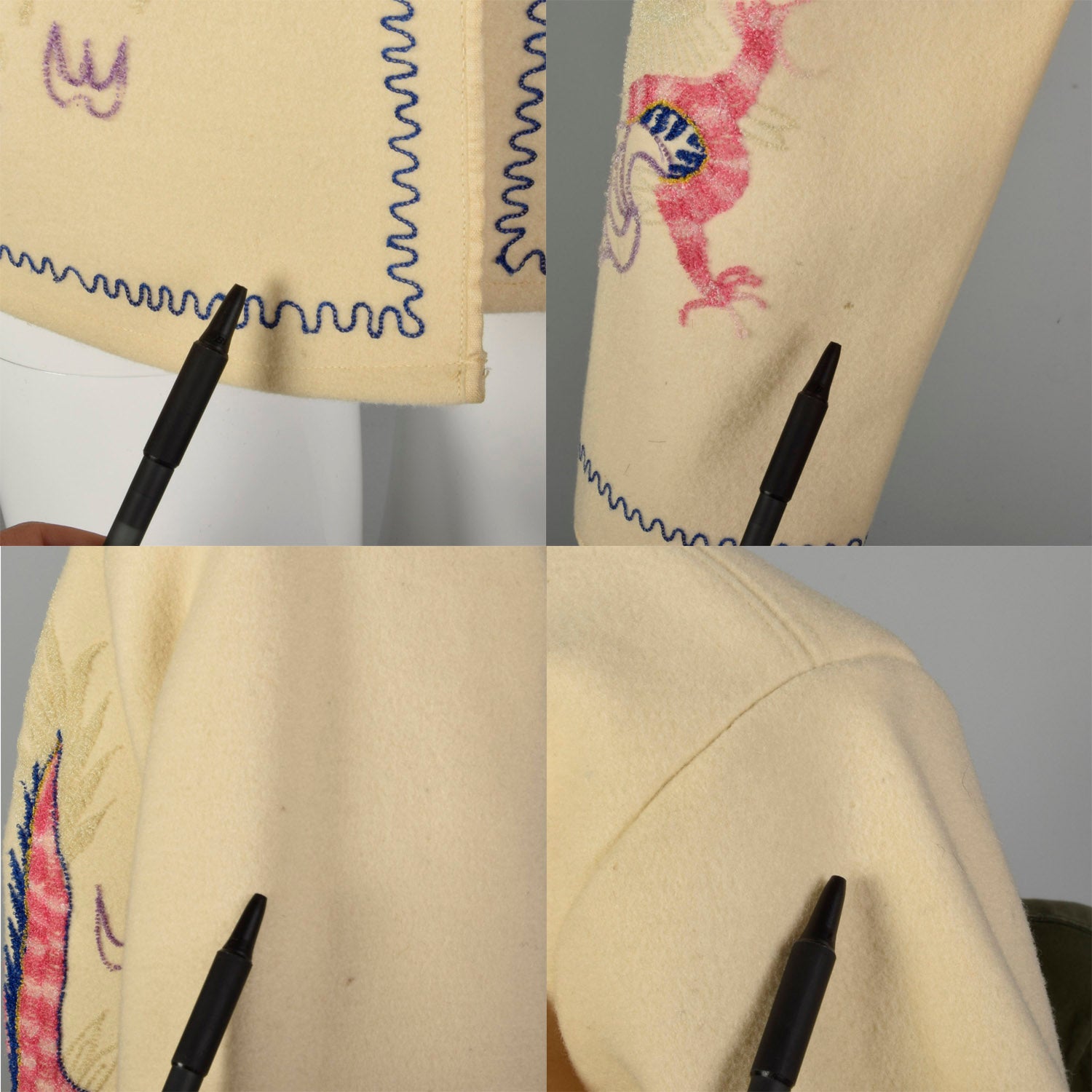 XS 1940s Souvenir Jacket Novelty Asian Dragon Chain Stitch Embroidery Cream Wool