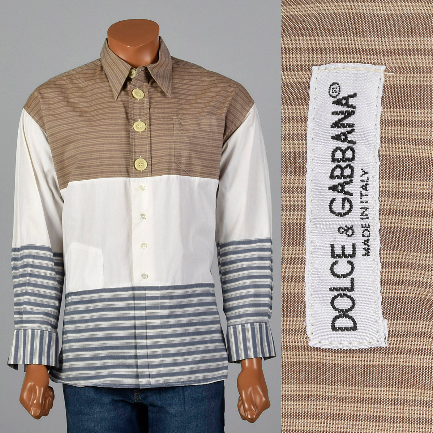 2000s Dolce & Gabbana Brown and Blue Color Blocked Shirt