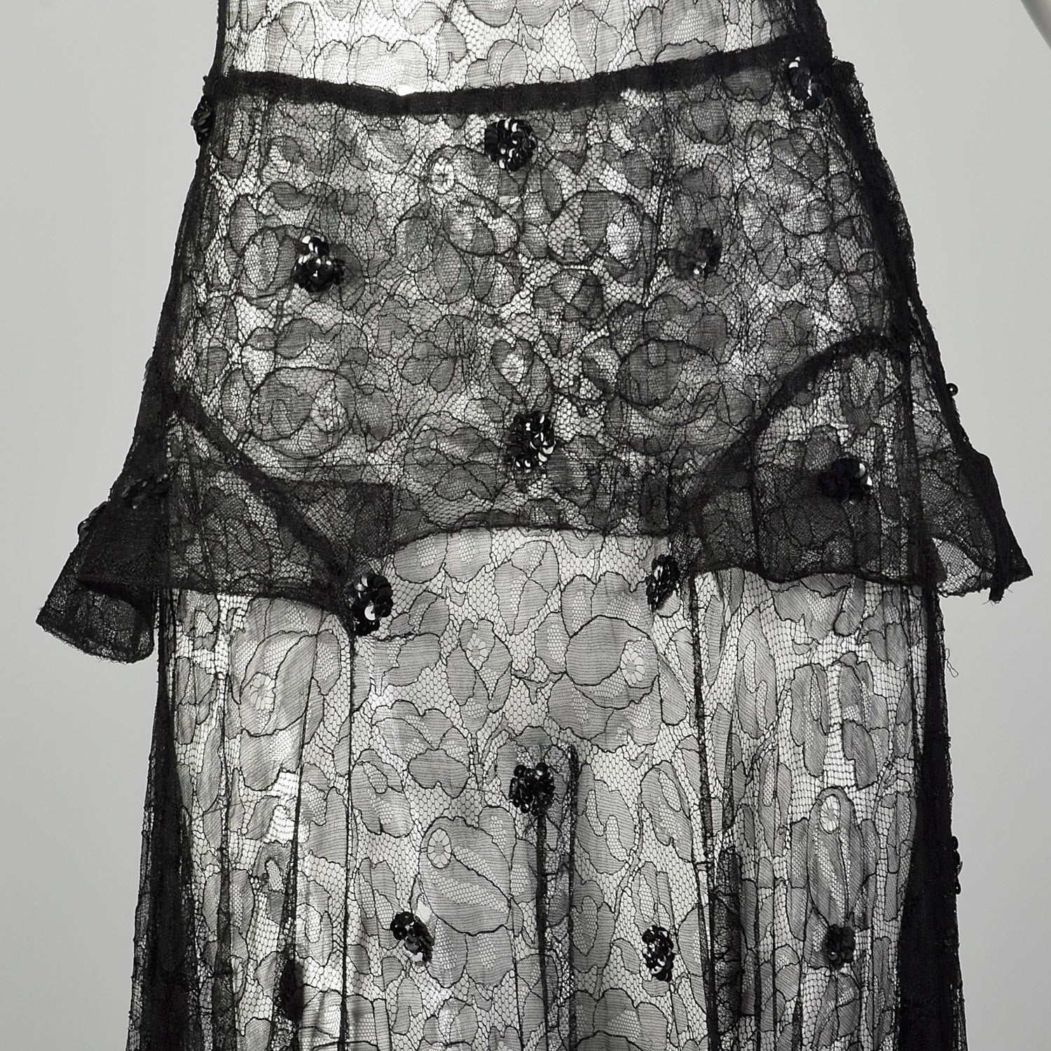 Small 1930s Black Lace Peplum Dress Sheer Sleeveless Gown Style & Salvage Small 1930s Black Lace Peplum Dress Sheer Sleeveless Gown Style & Salvage