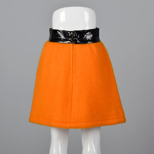 1960s Pierre Cardin Space Age Mod Orange Mohair and Black Vinyl Mini Skirt