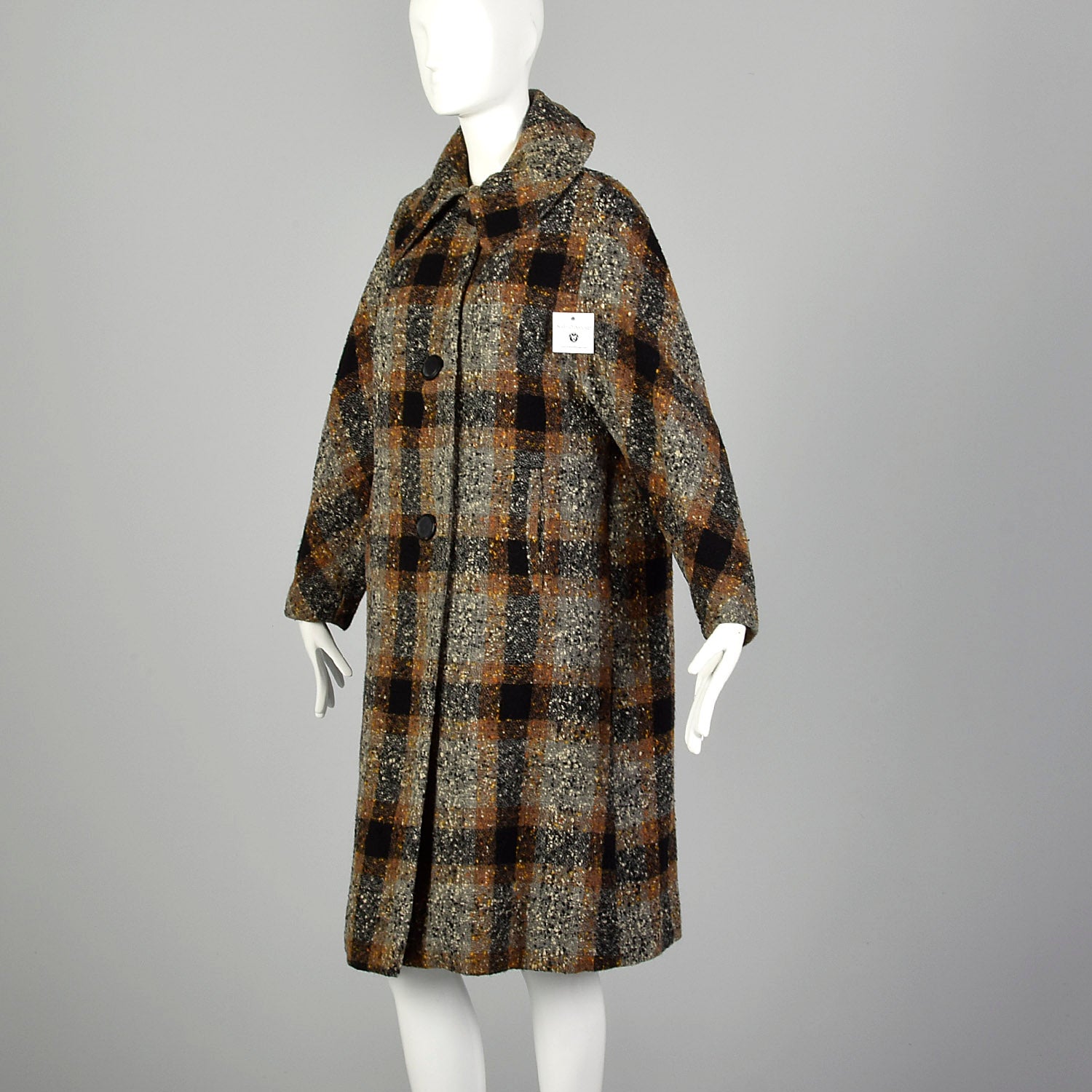 XL 1950s Coat Black Brown Flecked Tweed Overcoat Plaid Winter Wool Plush Lined Outerwear