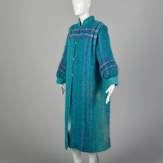 Large 1980s Teal Blue Cardigan Coat