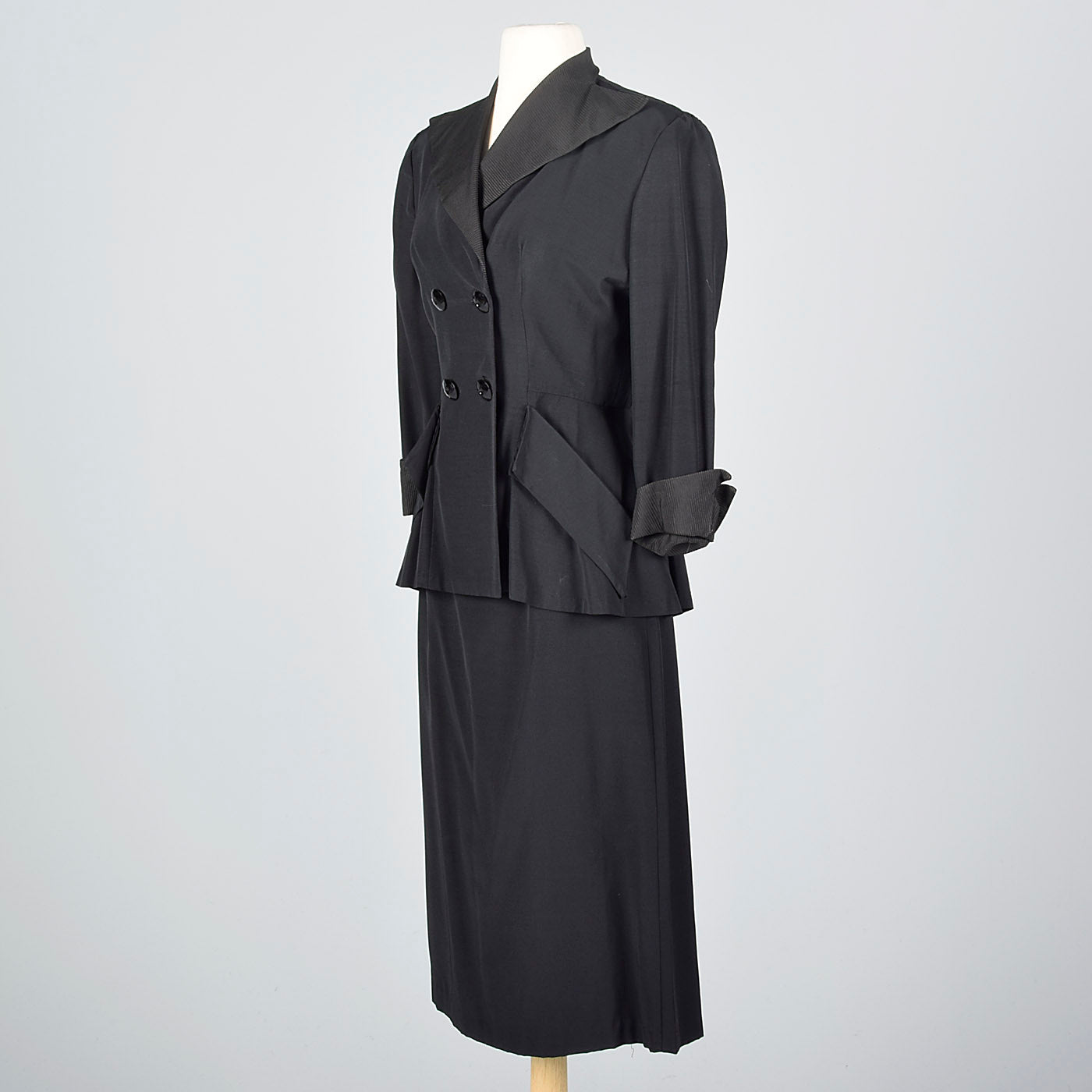 1940s Black Rayon Skirt Suit with Faille Trim