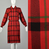 Small 1970s Yves Saint Laurent Rive Gauche Red Plaid Dress Double Breasted Long Sleeves