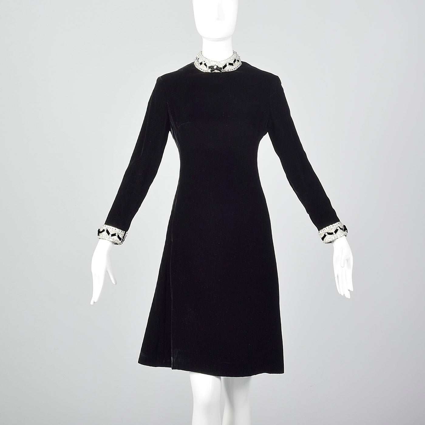 1960s Black Velvet Dress with Beaded Trim Style & Salvage 1960s Black Velvet Dress with Beaded Trim Style & Salvage