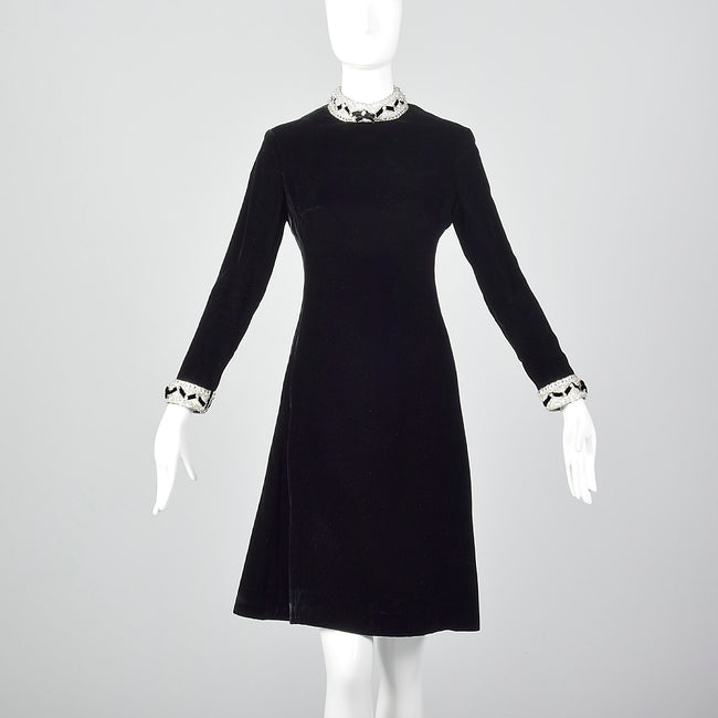 1960s Black Velvet Dress with Beaded Trim