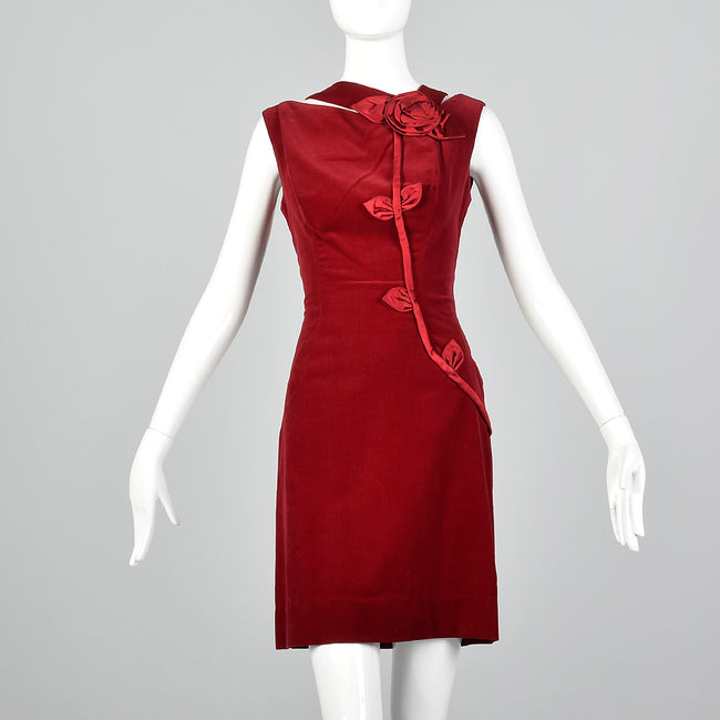 1960s Red Velvet Dress with Asymmetrical Neckline