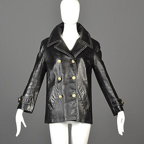 1960s Anne Klein Black Leather Jacket with Tweed Lining