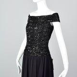 Off Shoulder Oleg Cassini Black Tie Formal Gown with Beaded Bodice and Full Skirt