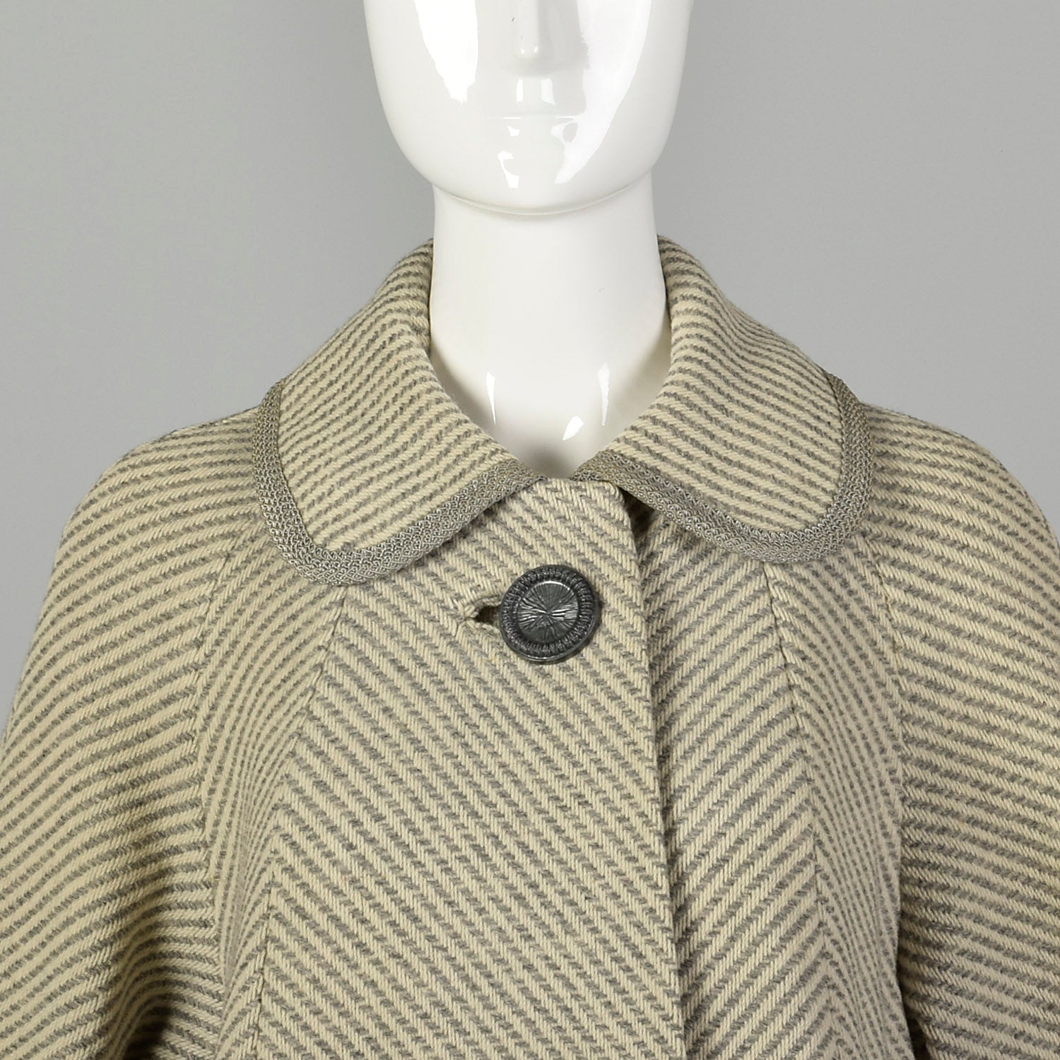 Large 1950s Swing Coat Gray Herringbone Stripe Wool Tweed Peter Pan Collar Winter Outerwear