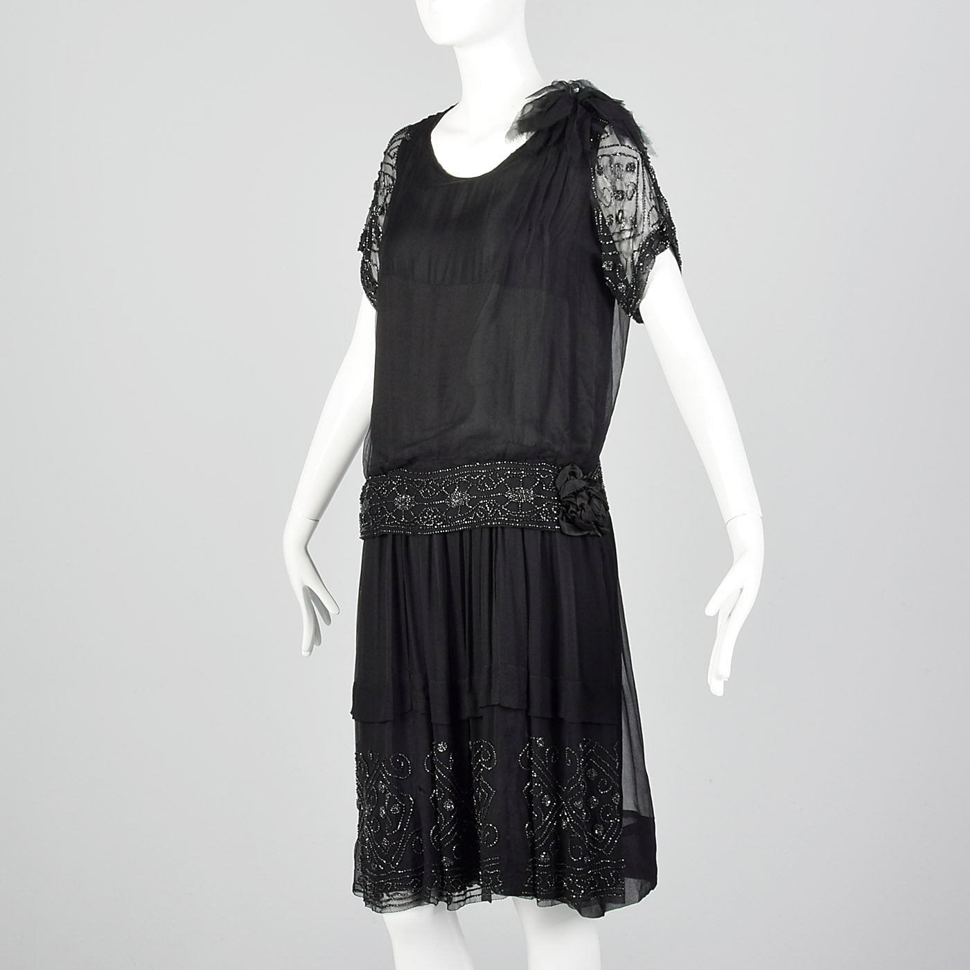 1920s Black Silk Chiffon Dress with Steel Beads