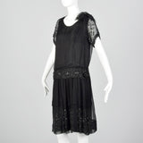 1920s Black Silk Chiffon Dress with Steel Beads