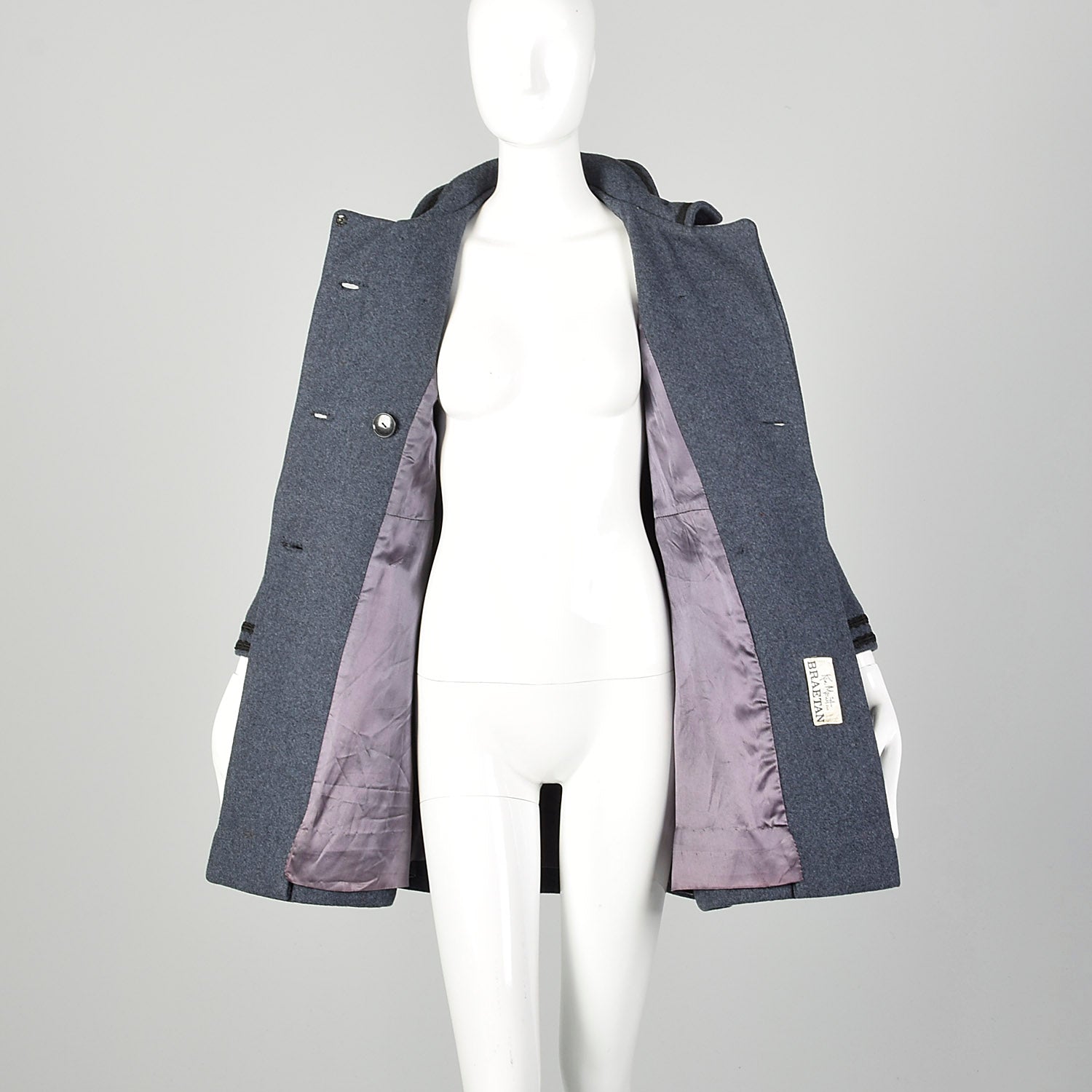 XXS 1960s Coat Blue Wool Babydoll Mod Black Military Trim Winter Heavyweight Winter Coat
