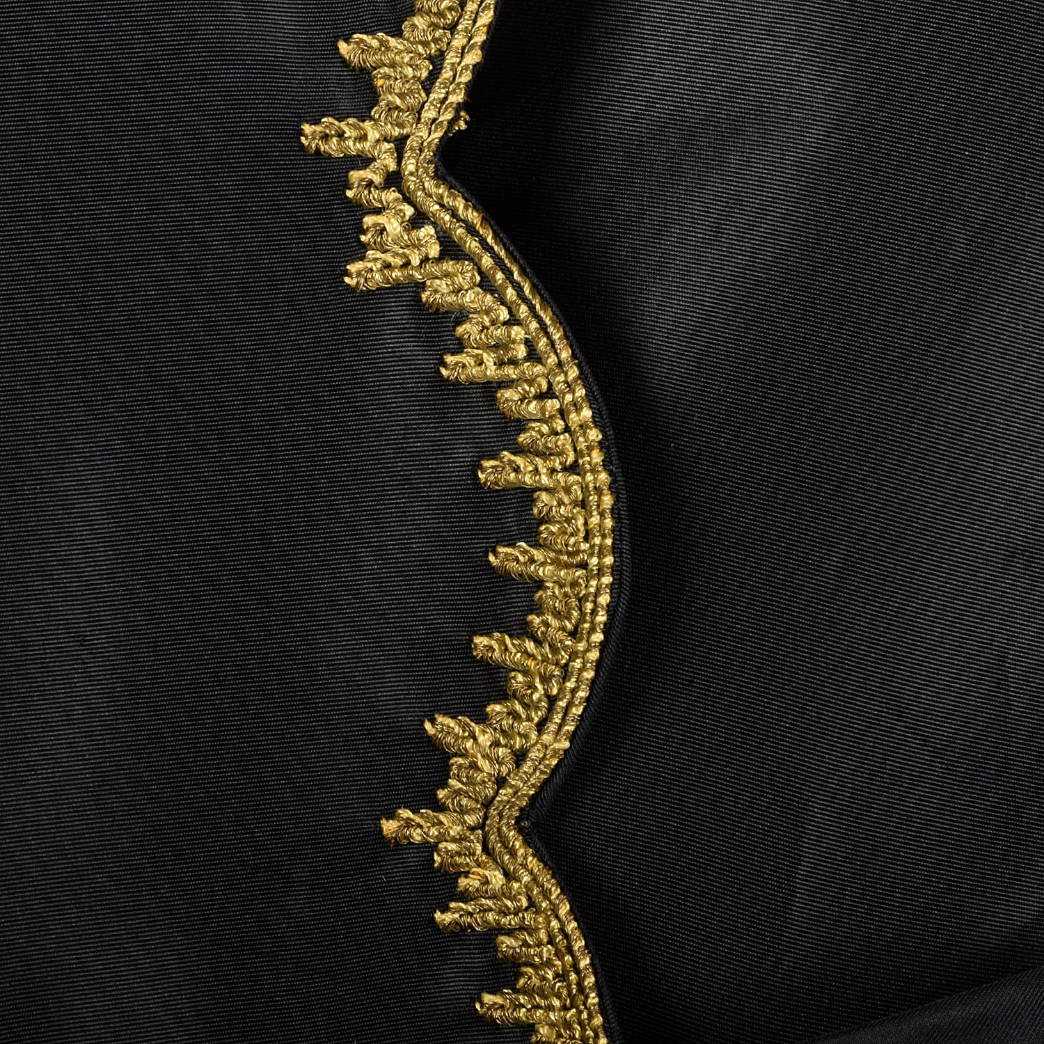 XS 1940s Jacket Black Taffeta Tie Waist Scallop Edge Gold Trim Embroidery Evening Jacket