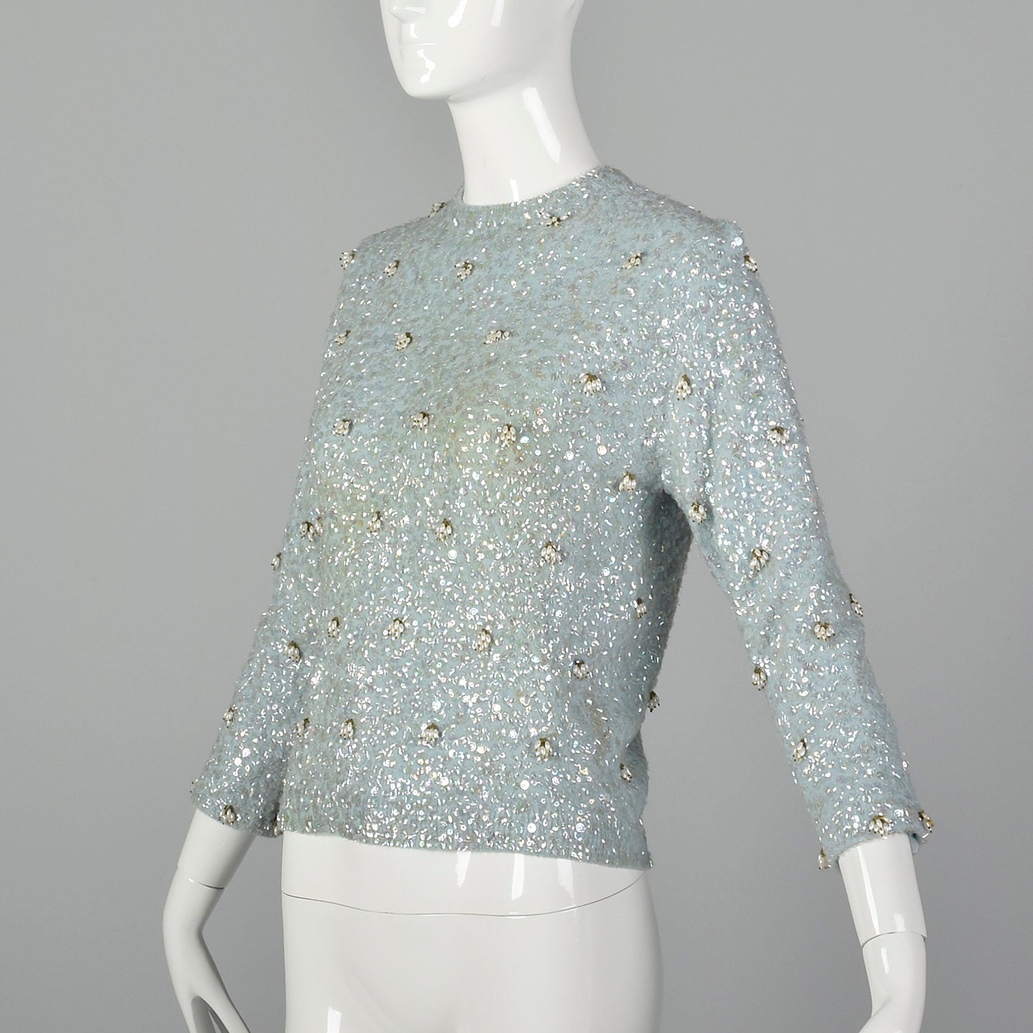 XS 1960s Fully Beaded and Sequined Blue Sweater