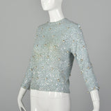 XS 1960s Fully Beaded and Sequined Blue Sweater