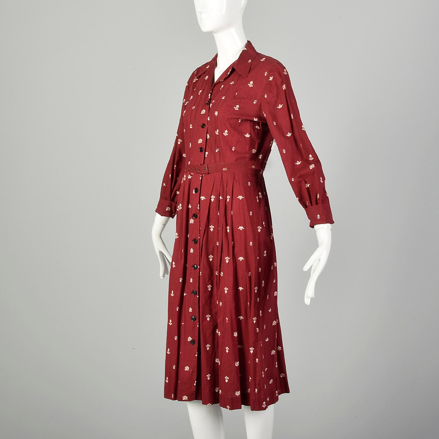 Medium 1950s Day Dress Cotton Novelty Print Casual Long Sleeve