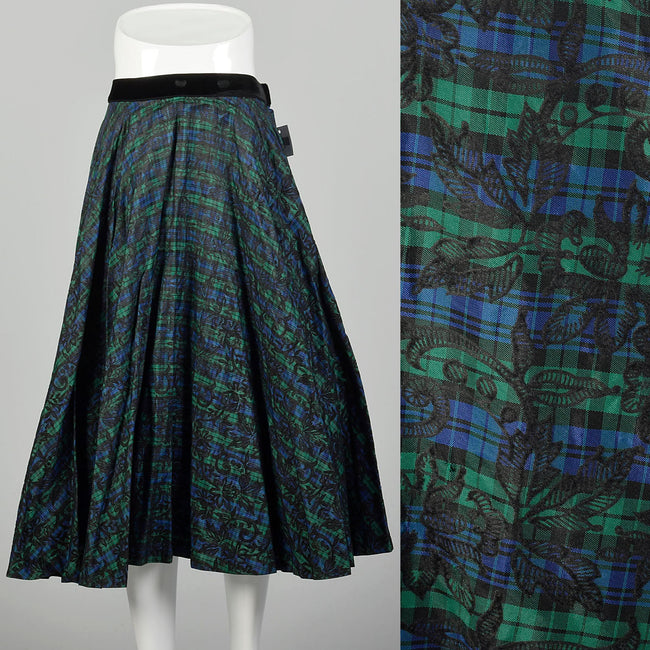 Large 1950s Full Circle Skirt Blue Flocked Plaid Taffeta