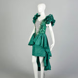 Medium 1980s Sequin Peplum Prom Dress Green Silver Hi-Low Hem Mini Pencil Skirt