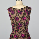1950s Brown and Pink Rose Print Dress