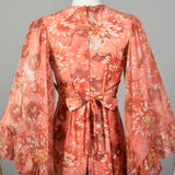 XS 1970s Pink Boho Maxi Dress Hippie Floral Print Bell Sleeves with Tieback Waist