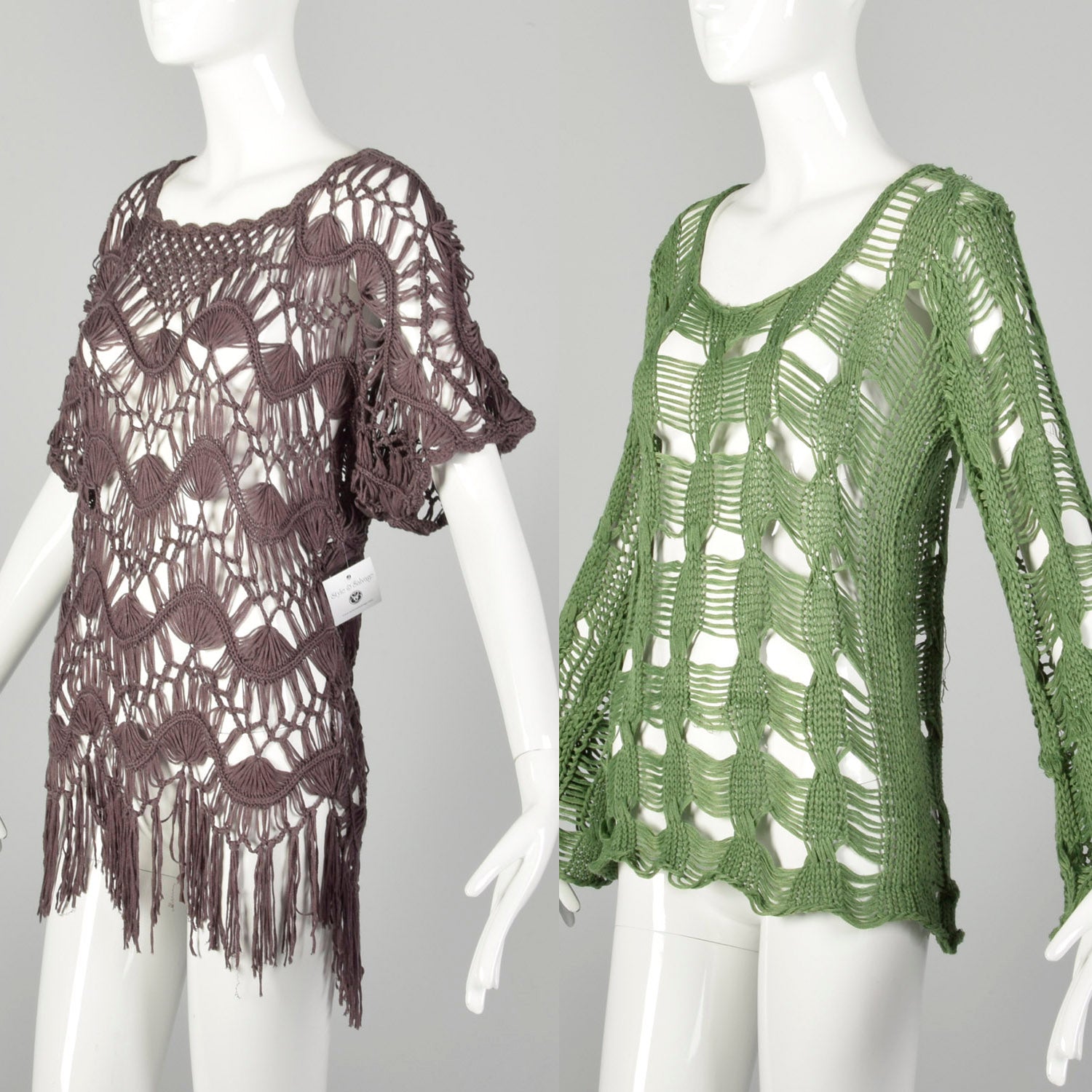 S/M 1990s Open Weave Crochet Fringe Top Plum and Green