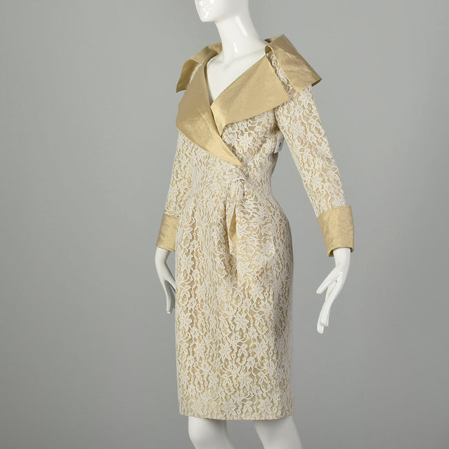 Small 1990s Pilar Rossi Lace Dress Metallic Gold Lamé Portrait Collar