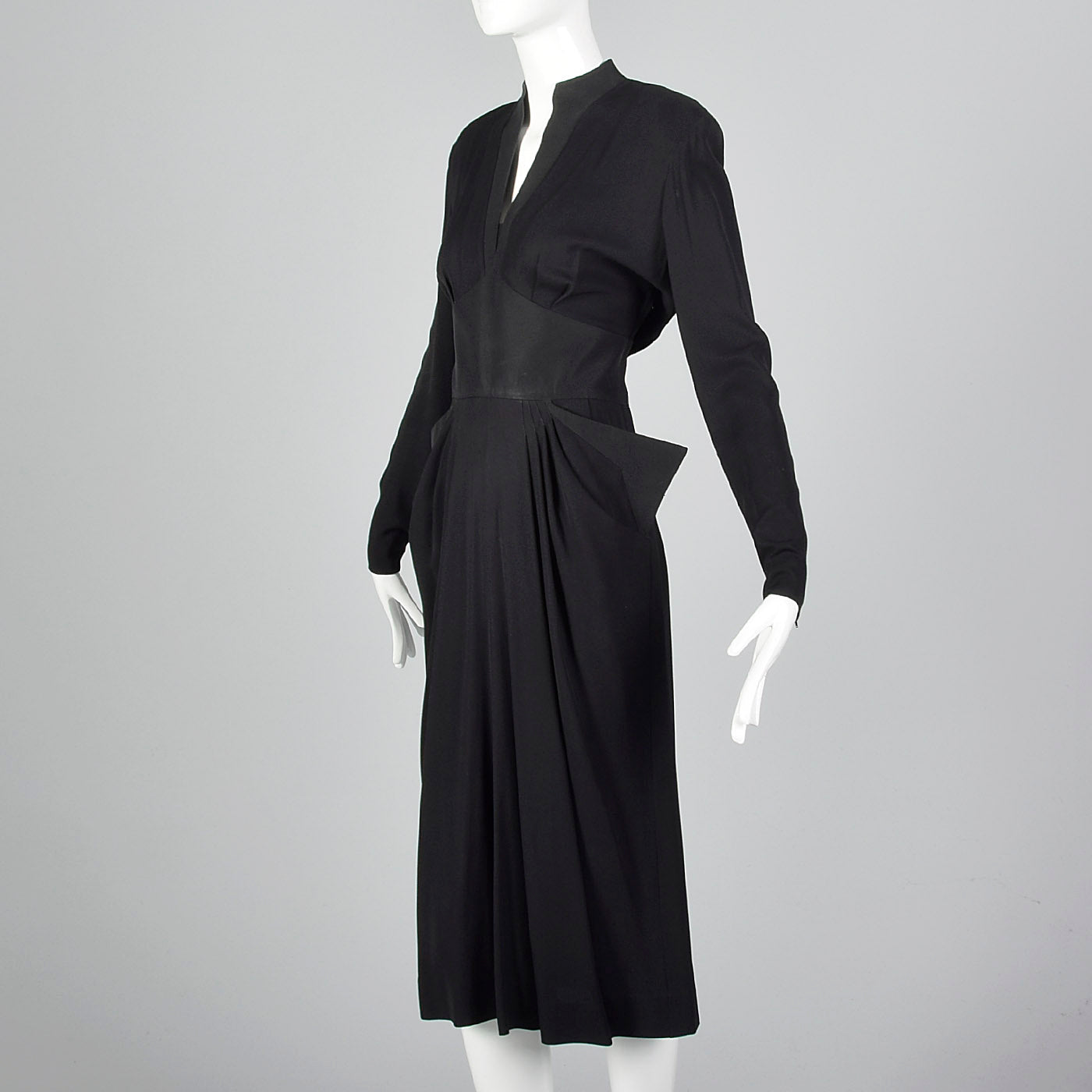 1940s Femme Fatale Black Rayon Dress with Pointed Pockets Style & Salvage 1940s Femme Fatale Black Rayon Dress with Pointed Pockets Style & Salvage
