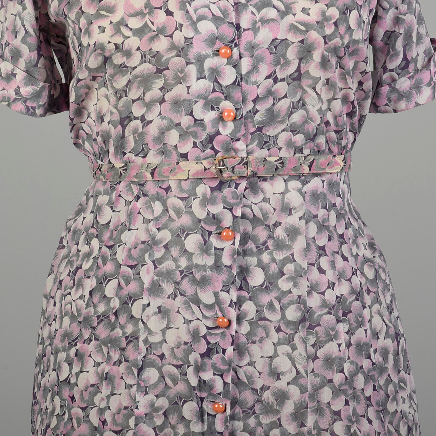 3XL 1950s Semi Sheer Day Dress Pink Pansy Button Front Print Short Sleeve