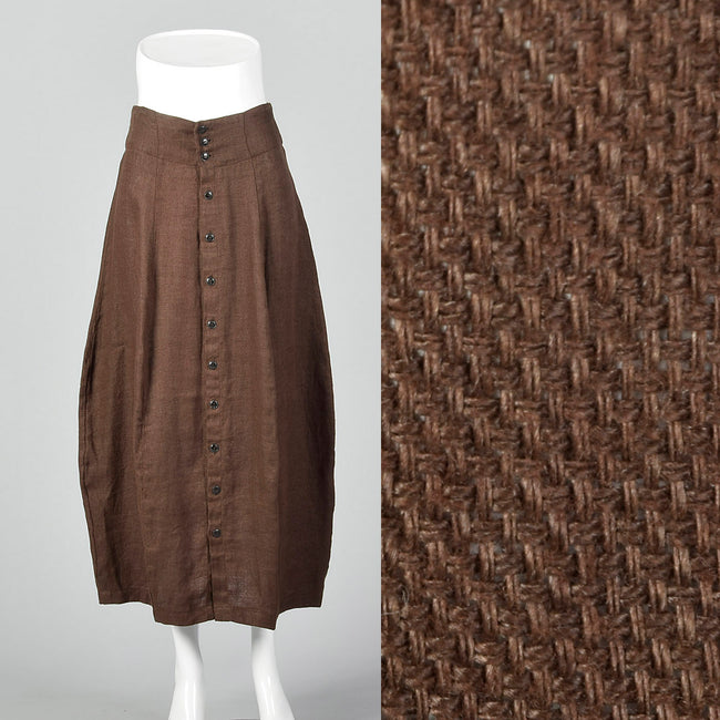 1990s Brown Linen Skirt with Button Front
