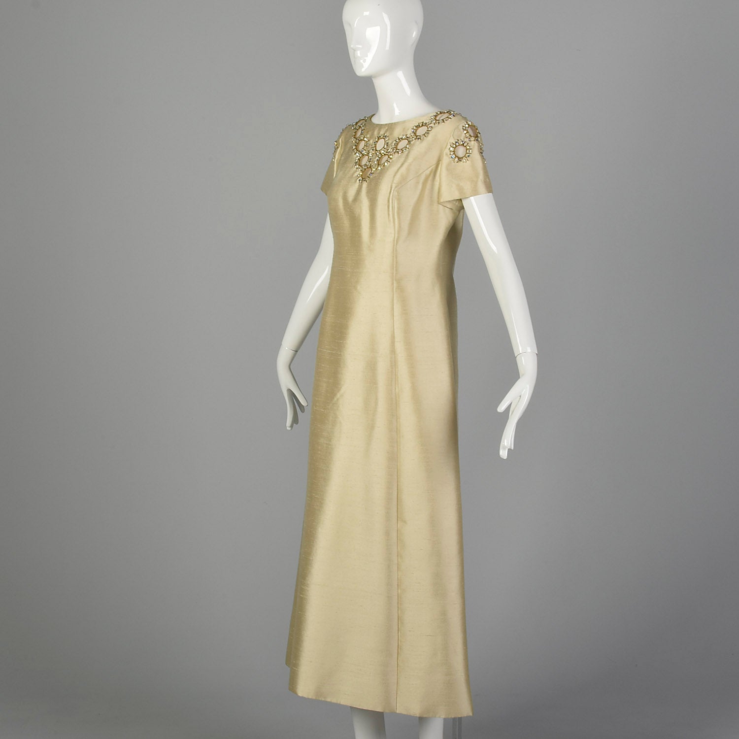 Medium 1960s Beaded Ivory Gold Shift Dress