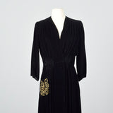 1930s Black Velvet Dressing Gown with Decorative Pocket