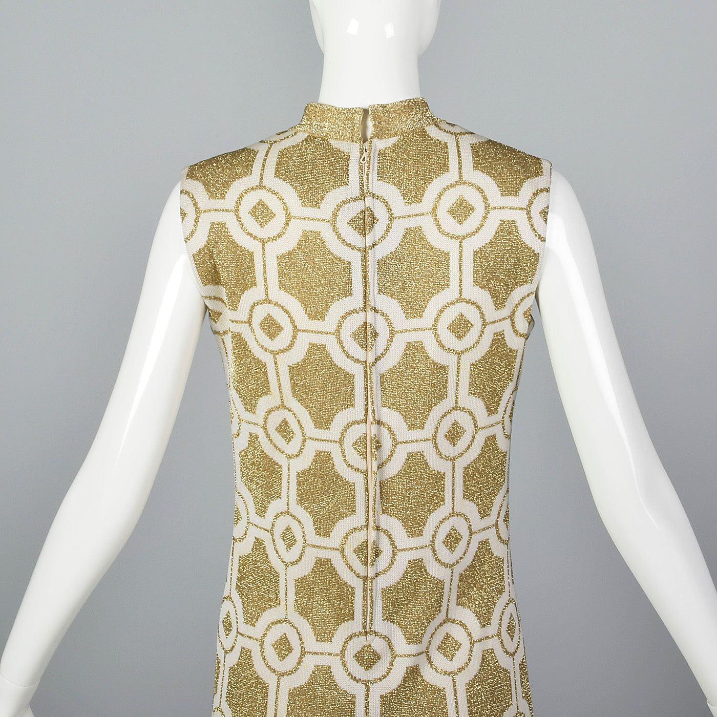 Incredible 1960s Balmain Les Tricots Geometric Gold Knit Maxi Dress
