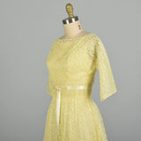Small 1960s Yellow Lace 2pc Set Crop Top Sleeveless Dress