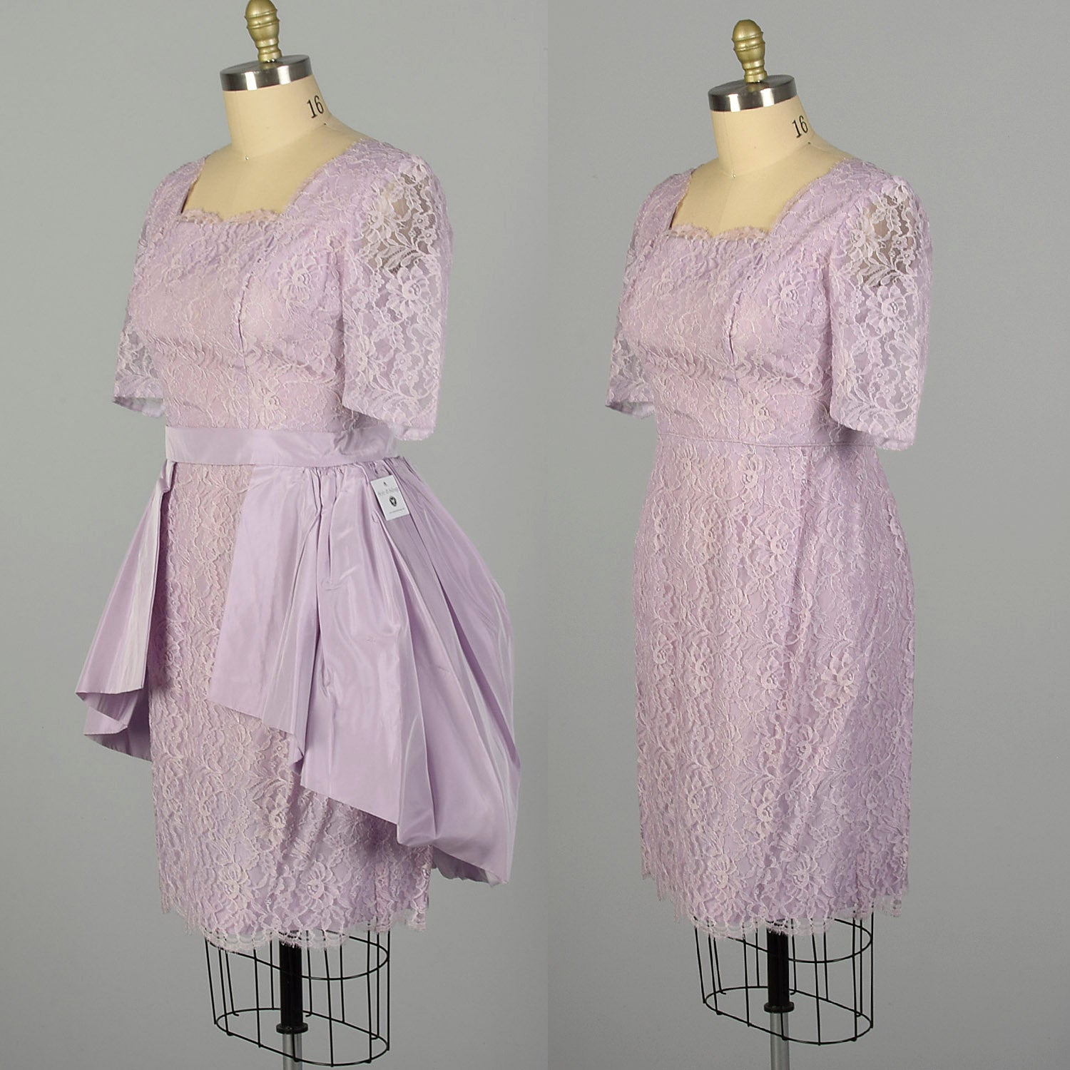 XL 1950s Set Lavender Lace Cocktail Party Peplum Waist Wiggle Dress