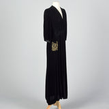 1930s Black Velvet Dressing Gown with Decorative Pocket