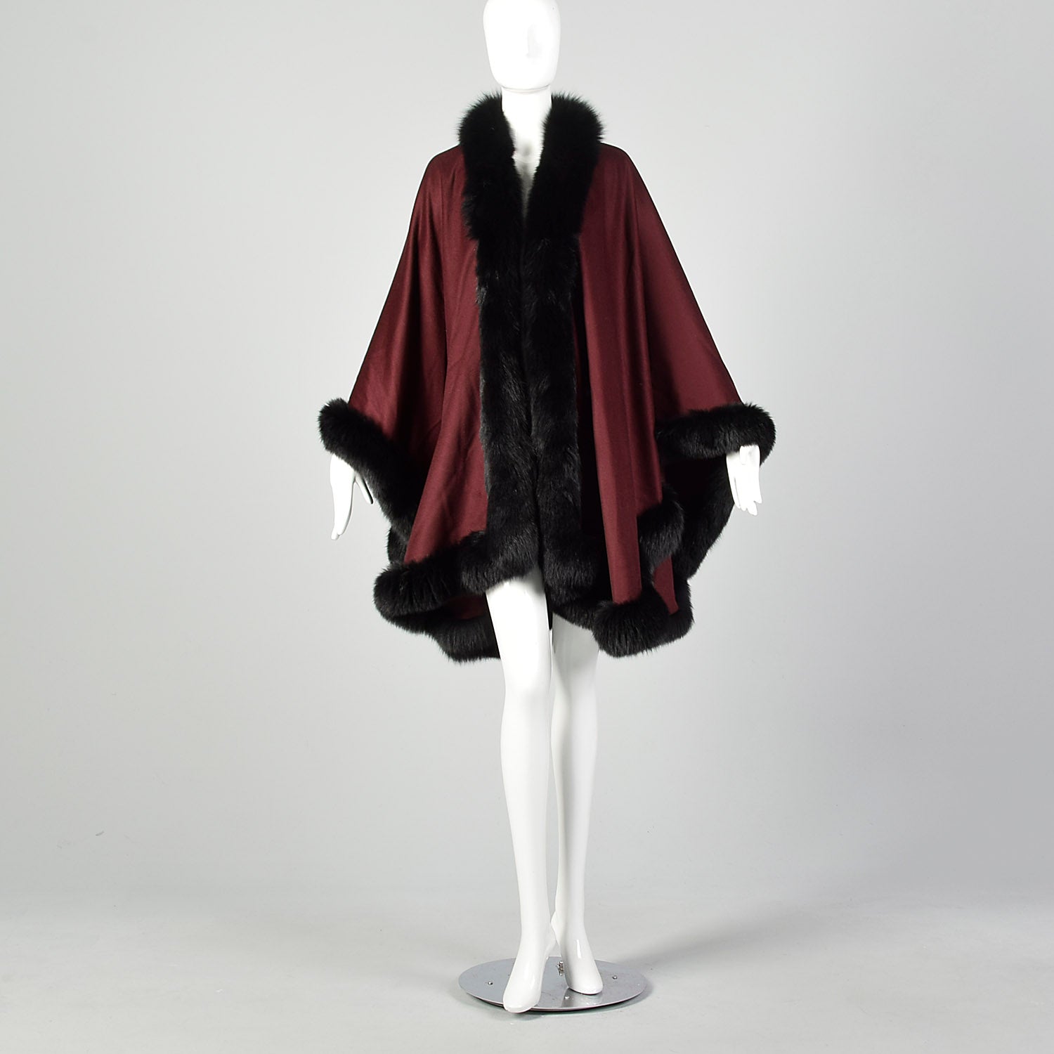 OSFM Alaskan Burgundy Cashmere Black Fox Fur Trim Wrap