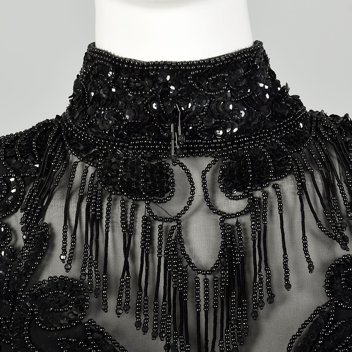Medium D'ore Dress 1980s Silk Sexy Black Beaded Sheer Long Sleeve