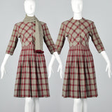 1950s Gray and Burgundy Wool Dress with Matching Scarf