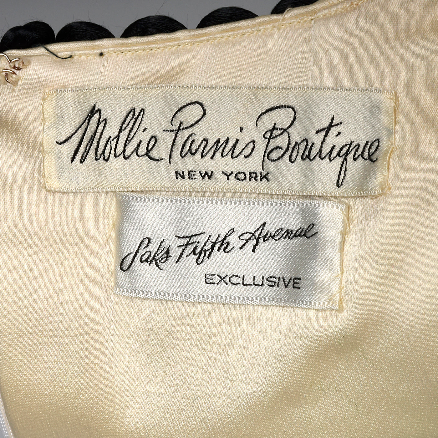 1960s Mollie Parnis White Satin Dress with Black Trim