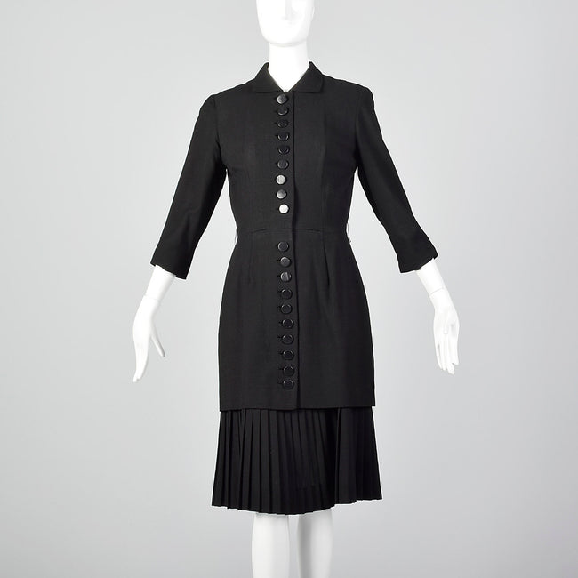 Small 1950s Black Dress with Pleated Underlay