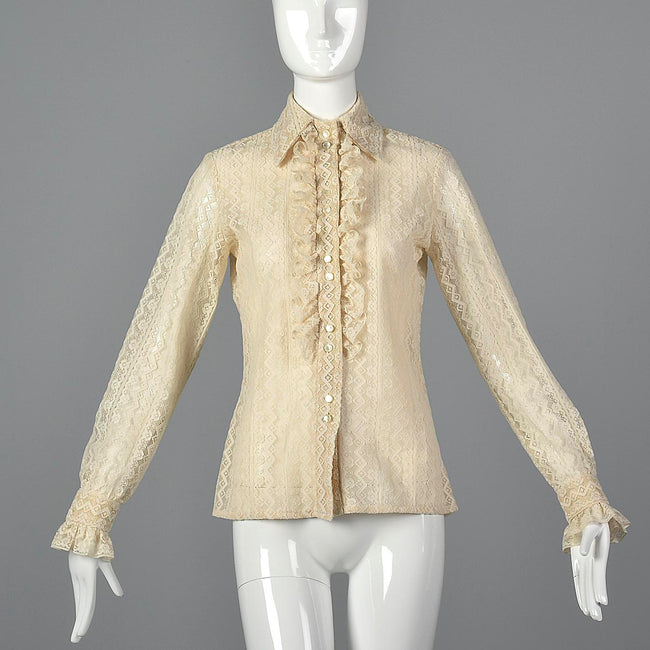 1970s Lace Blouse with Tuxedo Ruffle Front