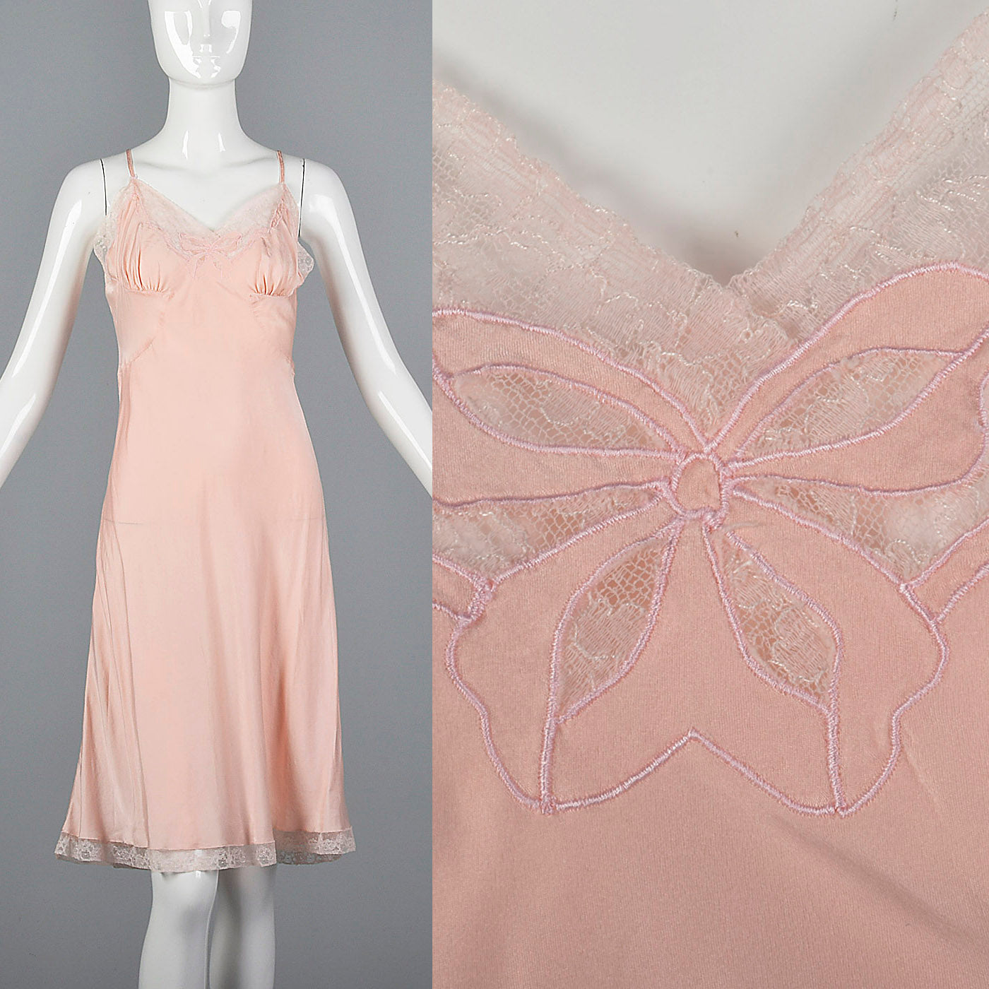 1950s Pink Silk Full Slip with Lace Trim, Bias Cut