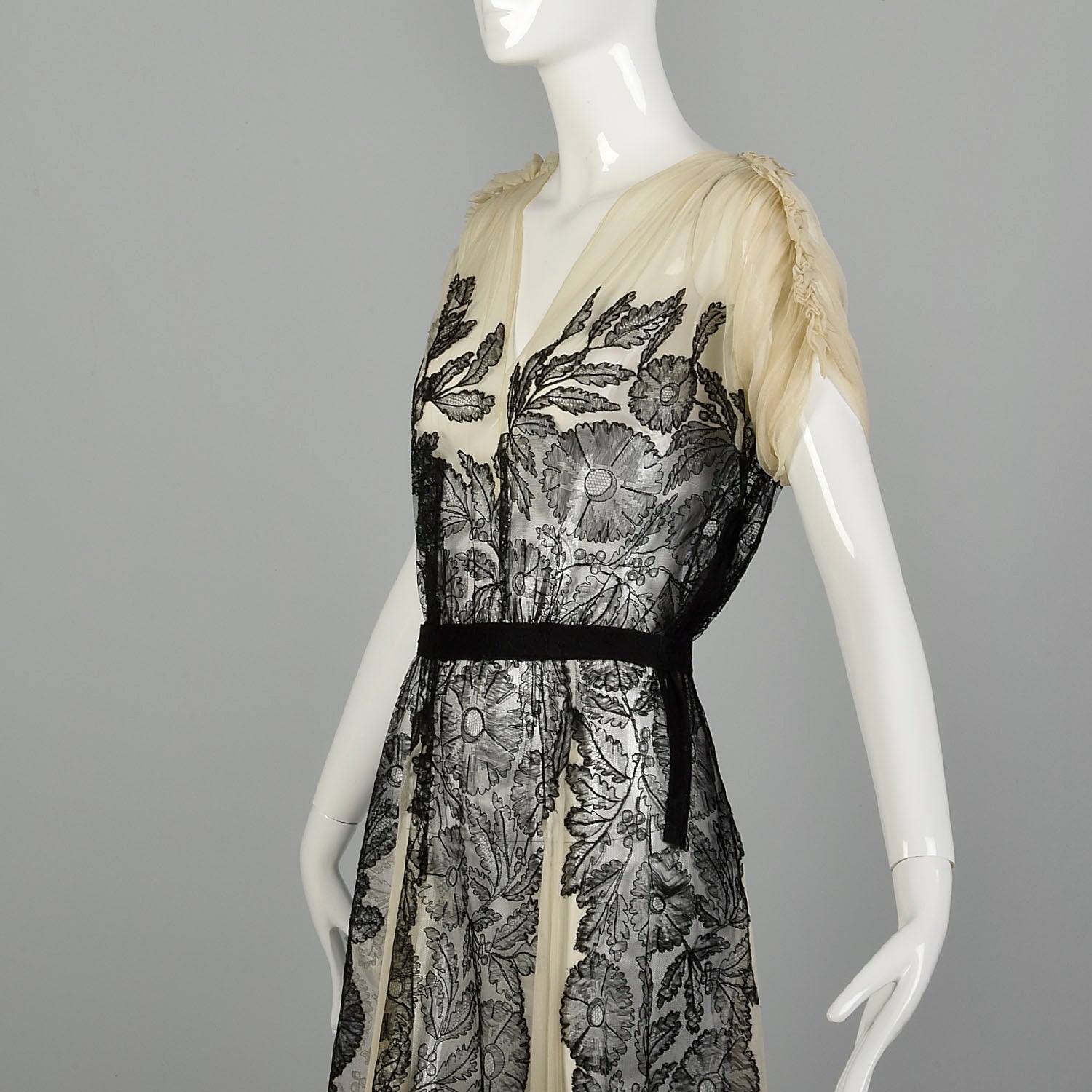 XS 1930s Old Hollywood Silk Gown Lace Black Ivory Panels Summer Sheer Flowy Sweeping Gown